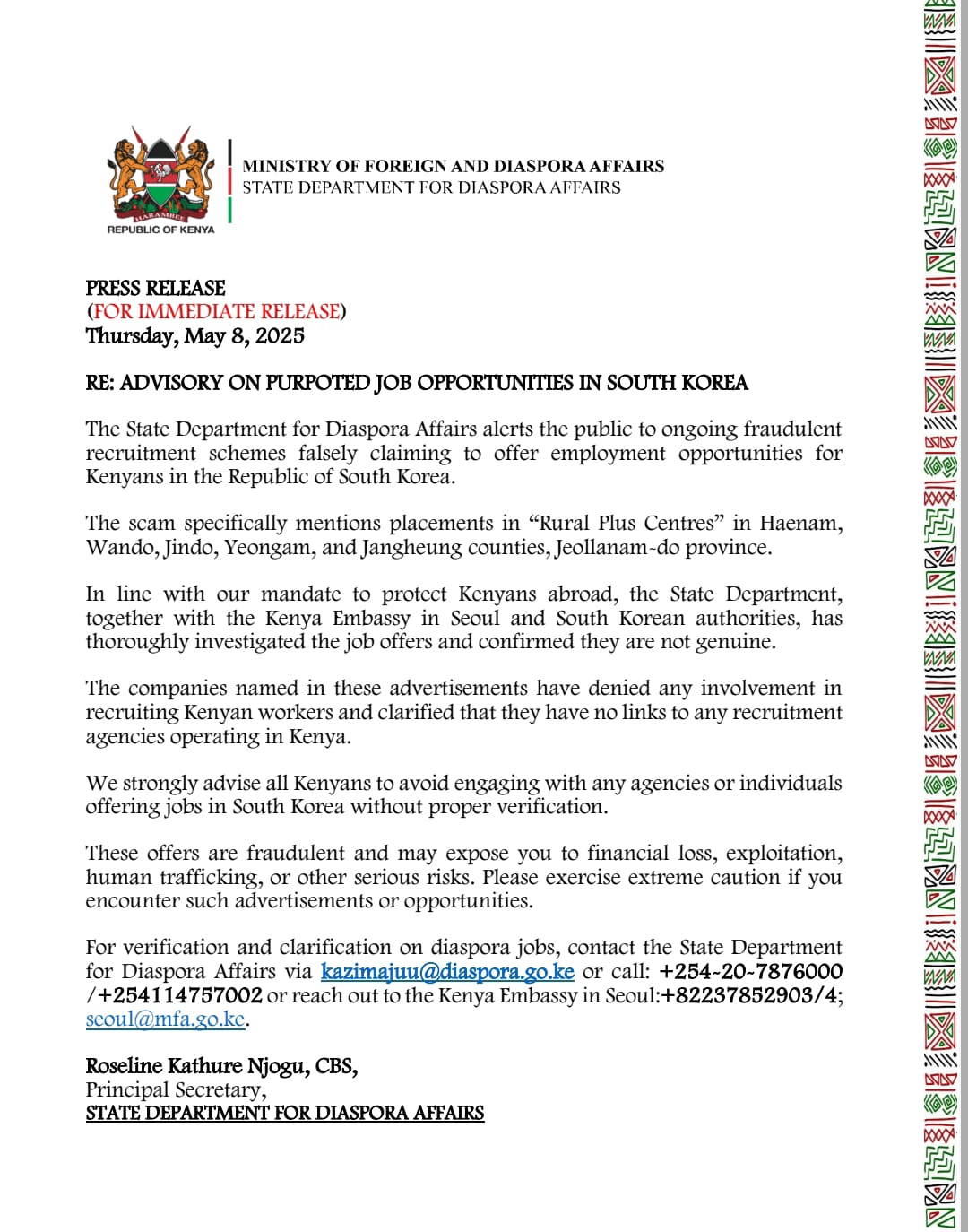 ADVISORY ON PURPORTED JOB OPPORTUNITIES IN SOUTH KOREA