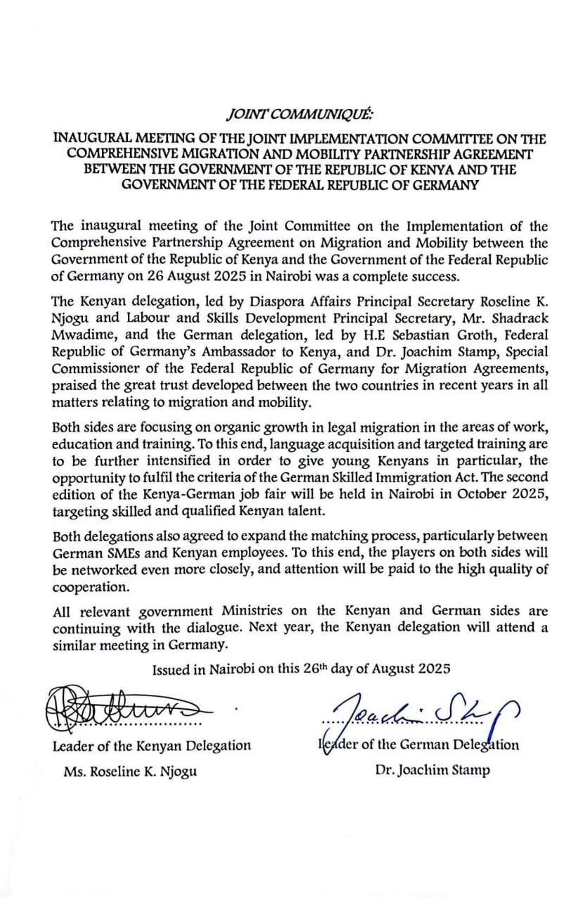 JOINT COMMUNIQUÉ-INAUGURAL MEETING OF THE JOINT IMPLEMENTATION COMMITTEE ON THE COMPREHENSIVE MIGRATION AND MOBILITY PARTNERSHIP AGREEMENT BETWEEN THE GOVERNMENT OF THE REPUBLIC OF KENYA AND THE GOVERNMENT OF THE FEDERAL REPUBLIC OF GERMANY